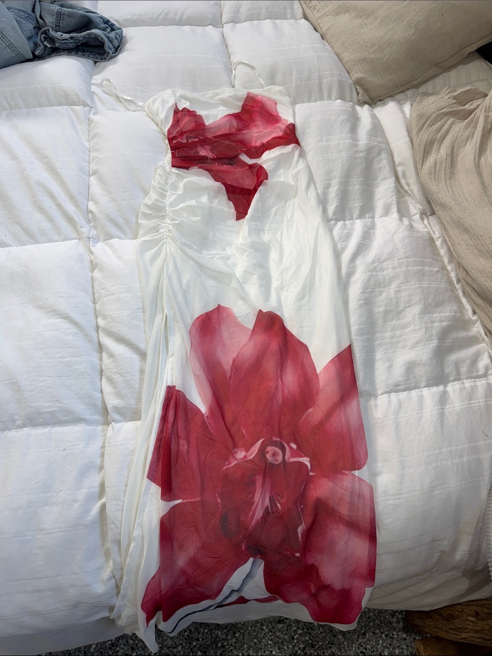 White Slip Chemise with Red Floral Print